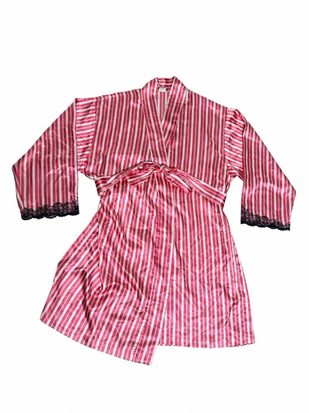 VTG Josie Natori Pink Satin Stripe Robe Black Lace Trim Double Side Slits Medium